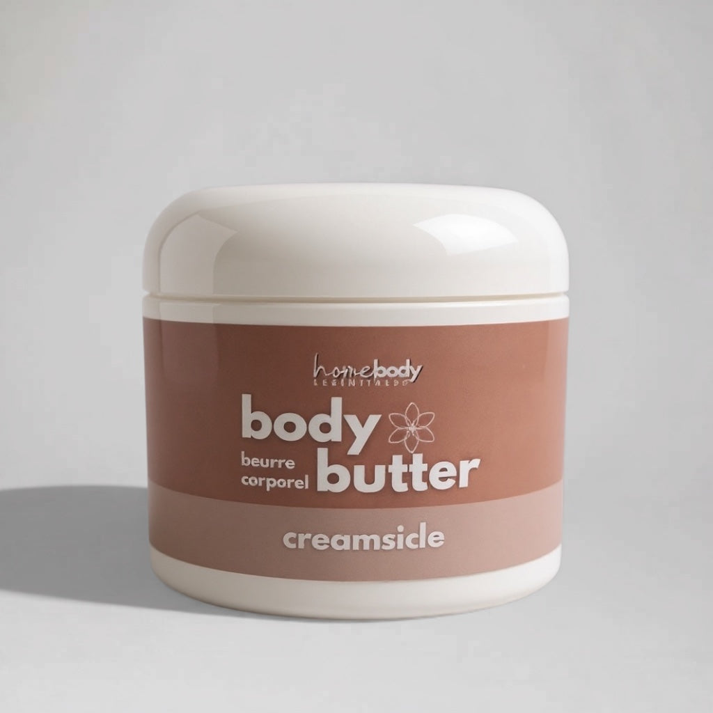 jar of creamsicle body butter Homebody Essentials handmade in Saskatoon, Saskatchewan
