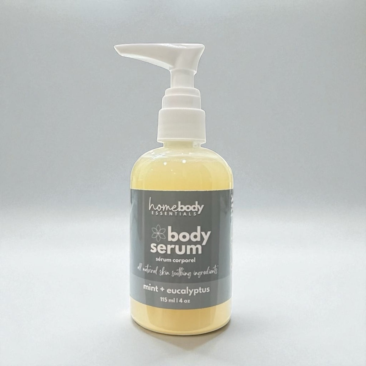Bottle of Mint + Eucalyptus Body Serum handmade in Saskatoon, Saskatchewan, Canada