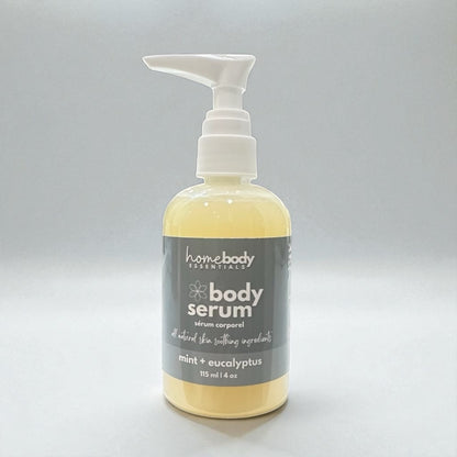 Bottle of Mint + Eucalyptus Body Serum handmade in Saskatoon, Saskatchewan, Canada