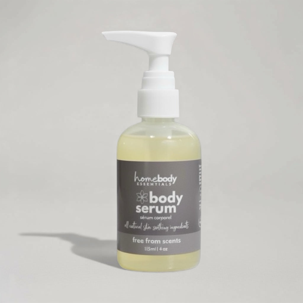 Bottle of Scent Free Body Serum. Handmade in Saskatoon, Saskatchewan