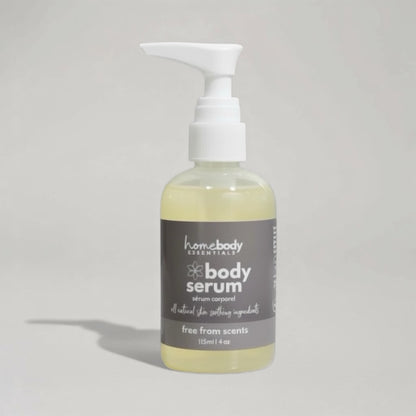 Bottle of Scent Free Body Serum. Handmade in Saskatoon, Saskatchewan