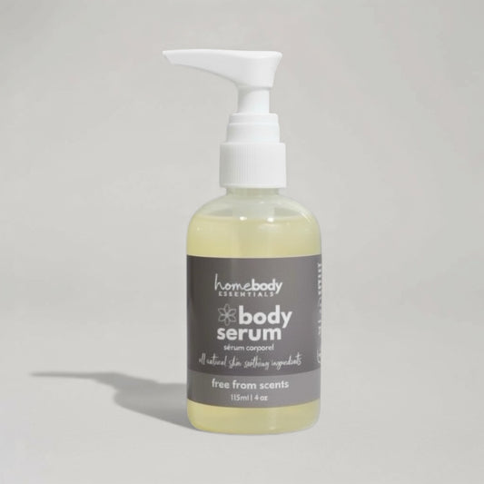 Bottle of Scent Free Body Serum. Handmade in Saskatoon, Saskatchewan