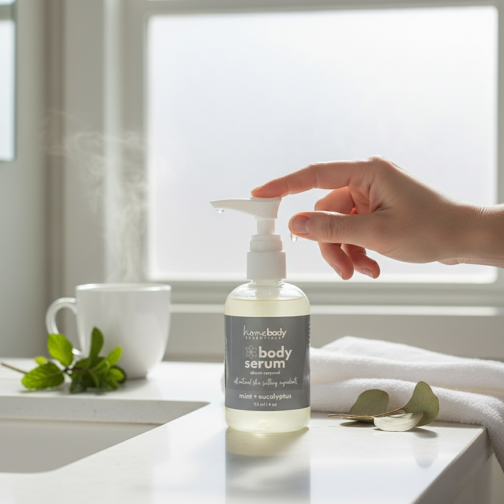 Bottle of Mint _ Eucalyptus Body Serum lifestyle handmade in Saskatoon, Saskatchewan, Canada