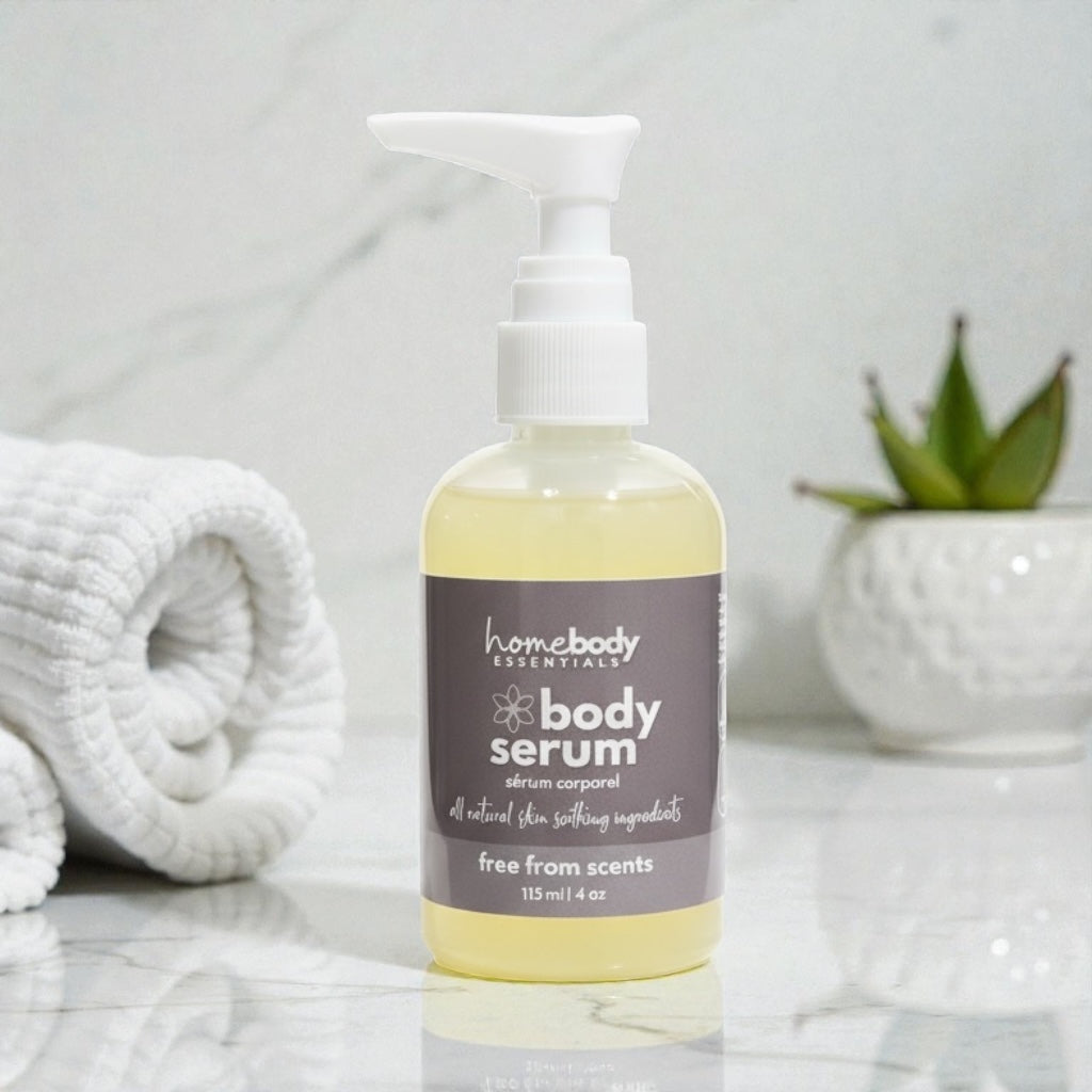 Lifestyle photo Body Serum Scent Free handmade in Saskatoon, Saskatchewan, Canada
