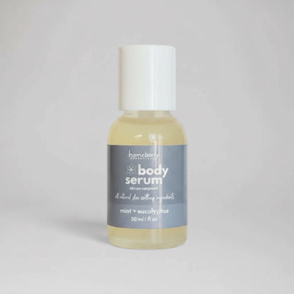Bottle of Travel Sized Mint + Eucalyptus Body Serum handmade in Saskatoon, Saskatchewan, Canada